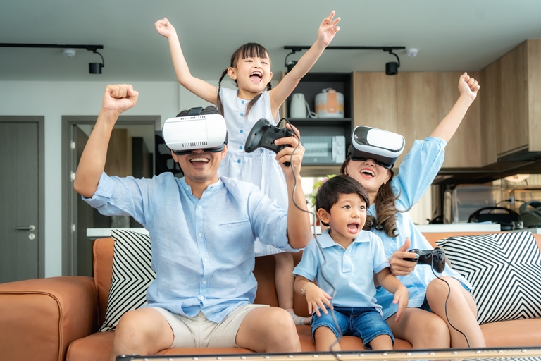 a happy family playing video games