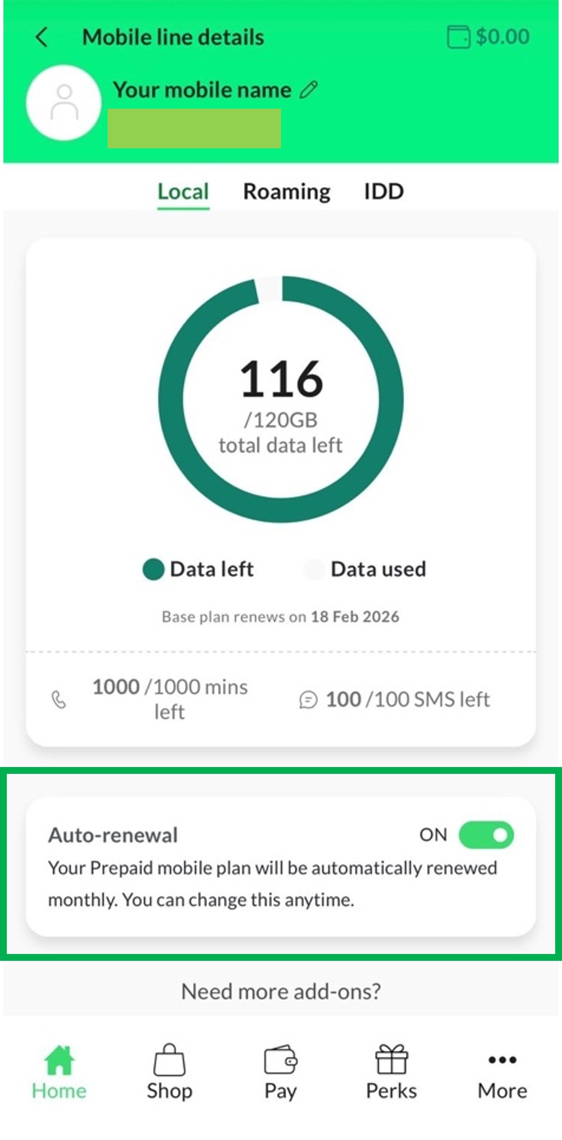 Prepaid auto-renewal screen