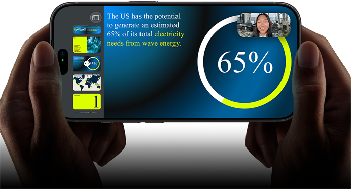 Horizontal video call demonstration of a keynote presentation on iPhone 18 Pro, Black