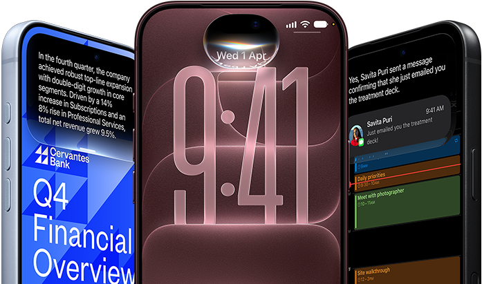Three iPhone 18 Pro devices, in Glacier, Burgundy, Black displaying examples of AI: Banking, Siri AI, Message Summary