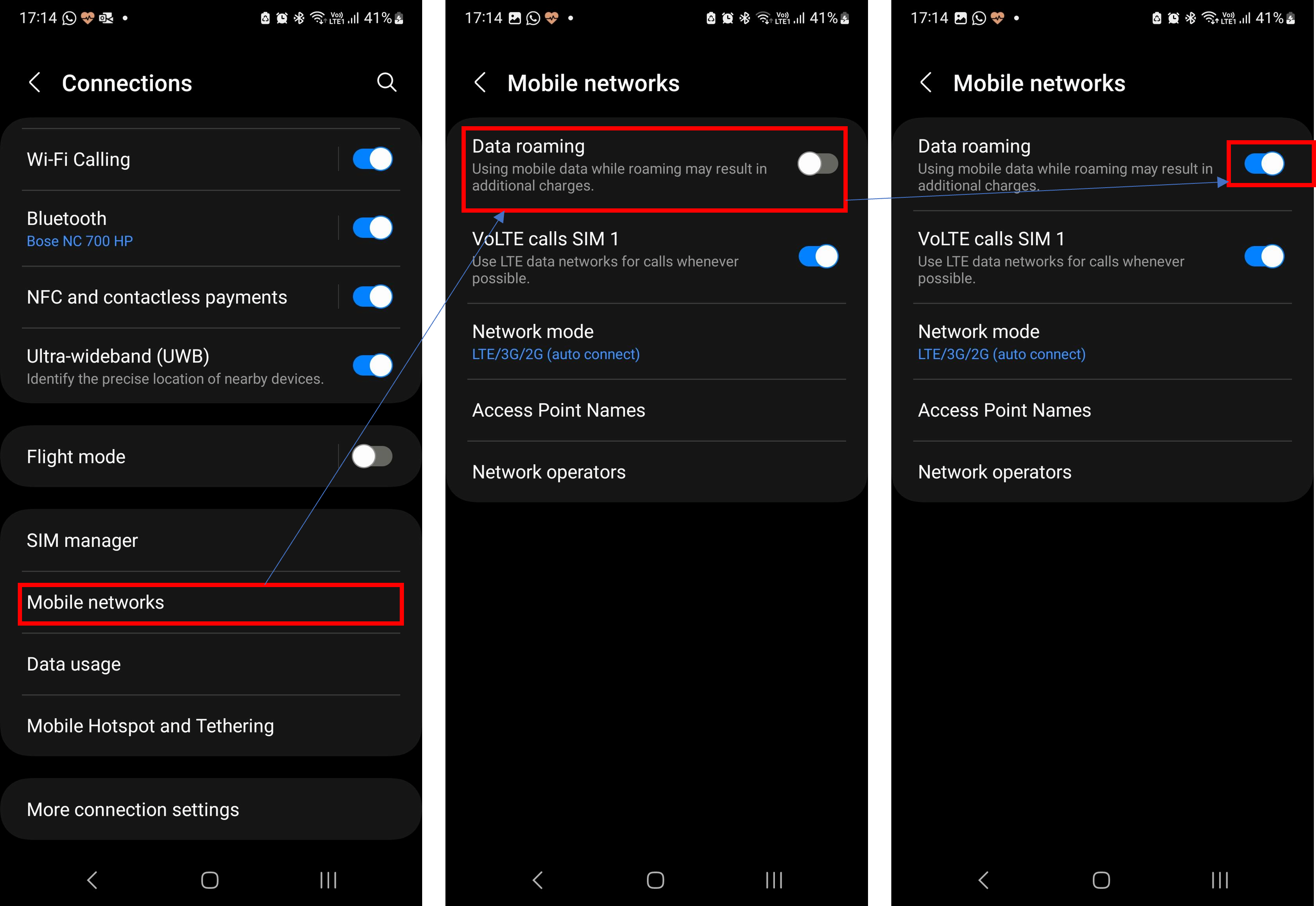 Enabling data roaming - Android
