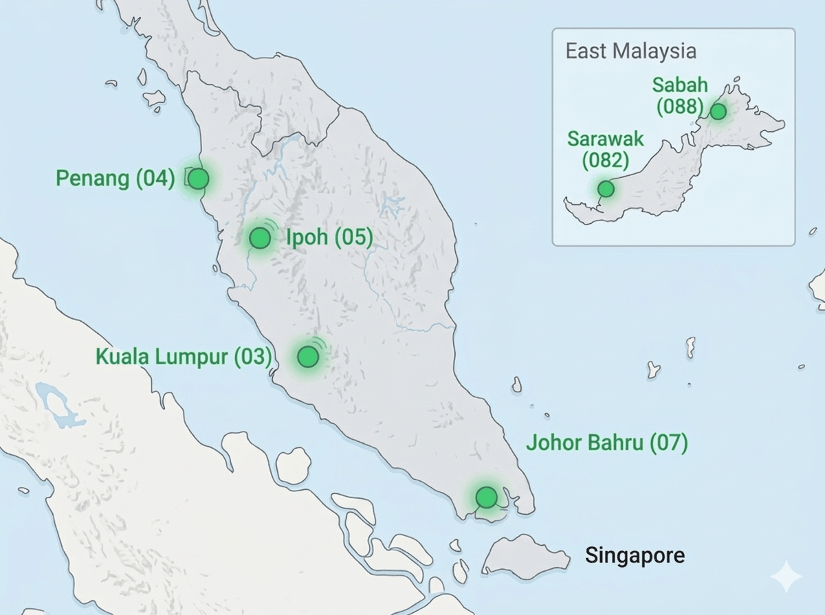 Map of Malaysia and Singapore and Phone area codes