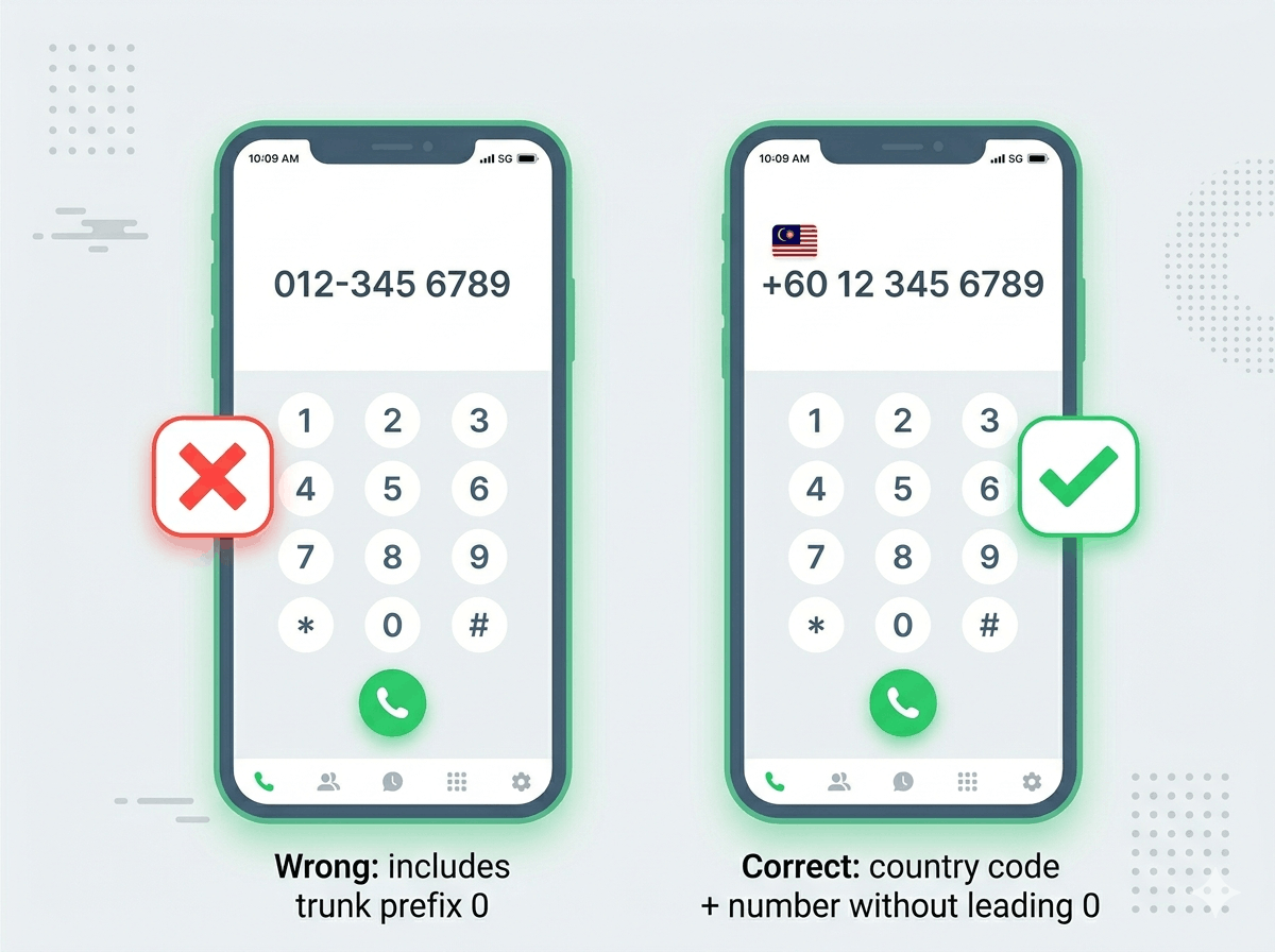 Side-by-side comparison of two phone dialer screens showing correct vs incorrect dialling format